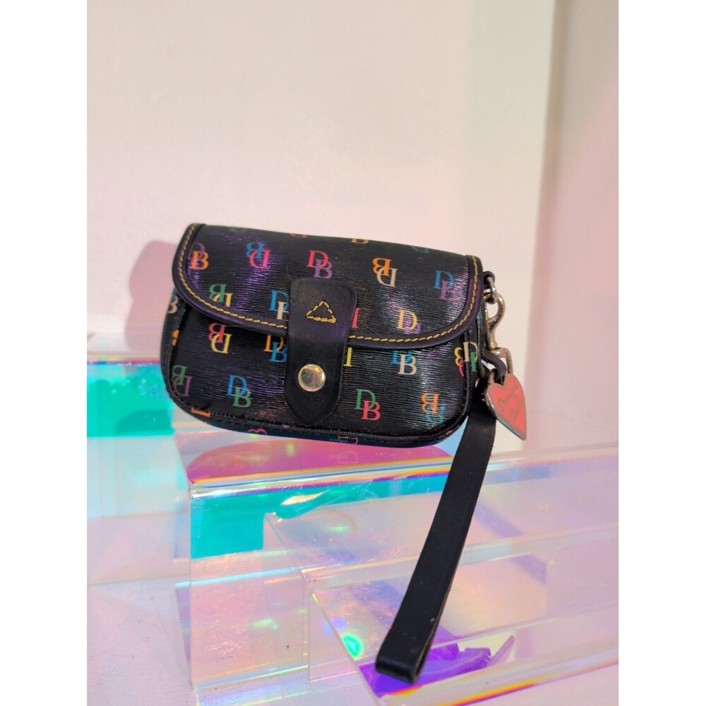 Vintage Y2K Dooney & Bourke Black Multicolor Monogram Mini Wristlet Pouch